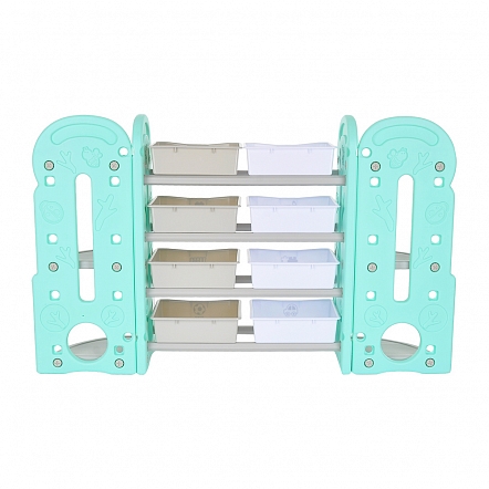 Стеллаж для игрушек с ящиками и приставками(2 угловые),4 полки,Бежев./бирюз./белый,148*36*91