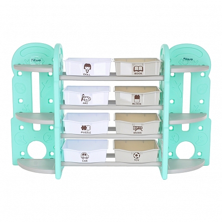 Стеллаж для игрушек с ящиками и приставками(2 угловые),4 полки,Бежев./бирюз./белый,148*36*91