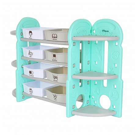 Стеллаж для игрушек с ящиками и приставками(2 угловые),4 полки,Бежев./бирюз./белый,148*36*91