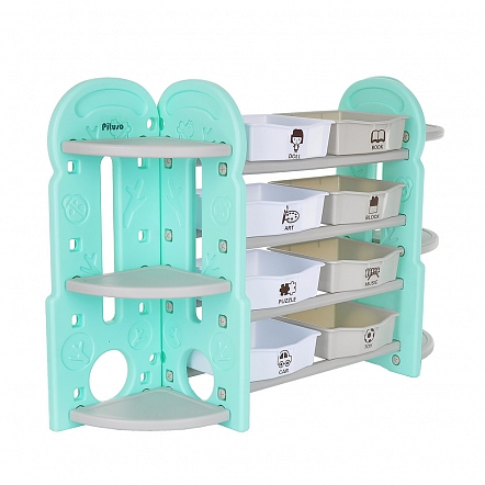 Стеллаж для игрушек с ящиками и приставками(2 угловые),4 полки,Бежев./бирюз./белый,148*36*91