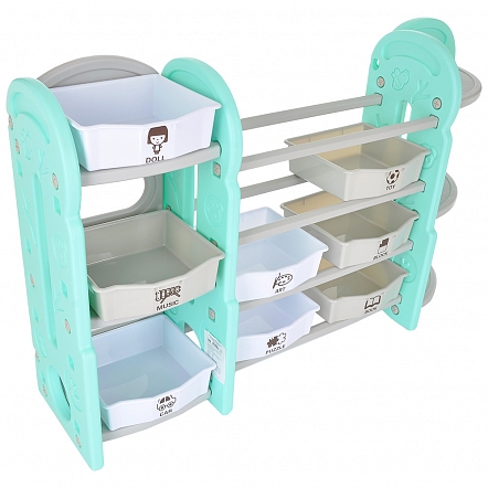 Стеллаж для игрушек с ящиками и приставками(книжн.+углов),4 полки,Бежев./бирюз./бел.153*36*91