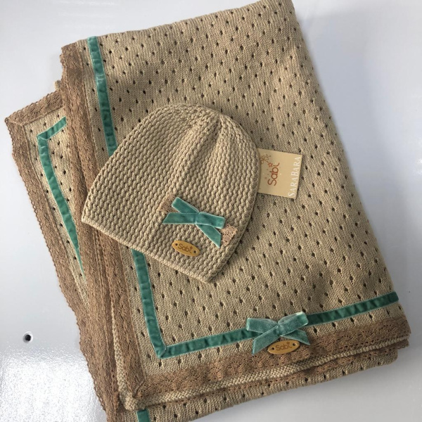 Комплект на выписку (плед и шапочка) SaraBara Ализе бежево-мятный 82691