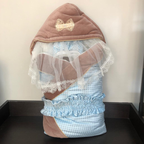 Конверт-Одеяло на выписку ЗИМА, Мокко, Голубой/Коричневый, арт.  ш1201