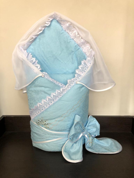 Одеяло-конверт на выписку, со съемной вуалью, Зима, голубой